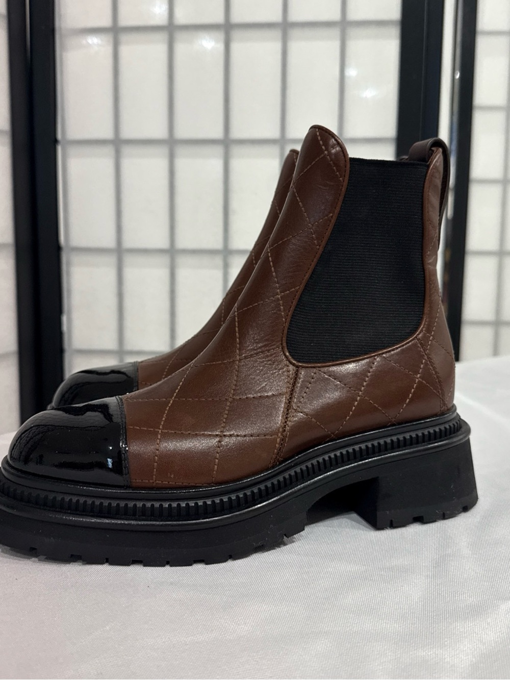 CHANEL Coco Ankle Brown Quilted Slip On Boot, Black Patent Cap, EU 36/US 6